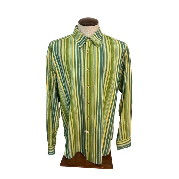 Tommy Bahama Mens Green Yellow Blue Striped Long Sleeve Shirt 100% Cotton Large - Picture 1 of 5